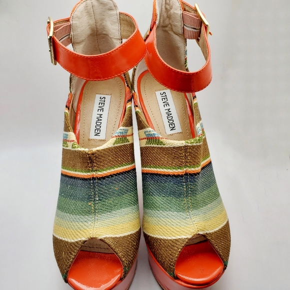 Steve Madden Kennyya Orange Fabric Platform Wedges Size 6.5 EUC - Picture 9 of 14